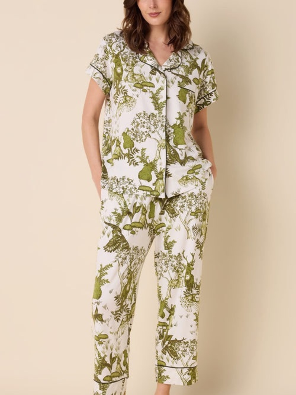Olive Green Botanical Short-Sleeve Pajama Set - Women